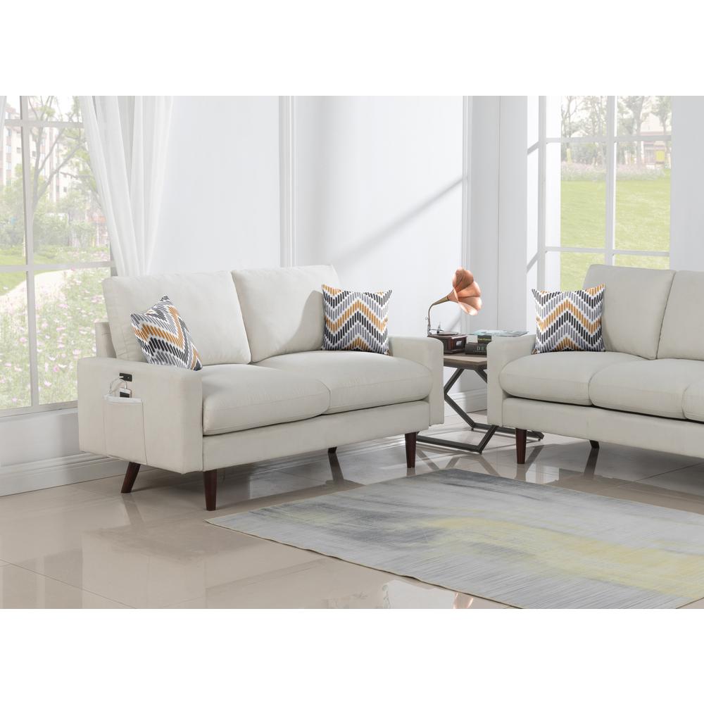 Abella Mid-Century Modern Beige Woven Fabric Loveseat Couch with USB Charging Ports & Pillows. Picture 3