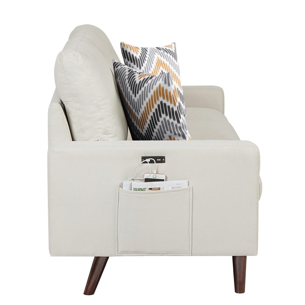 Abella Mid-Century Modern Beige Woven Fabric Loveseat Couch with USB Charging Ports & Pillows. Picture 4