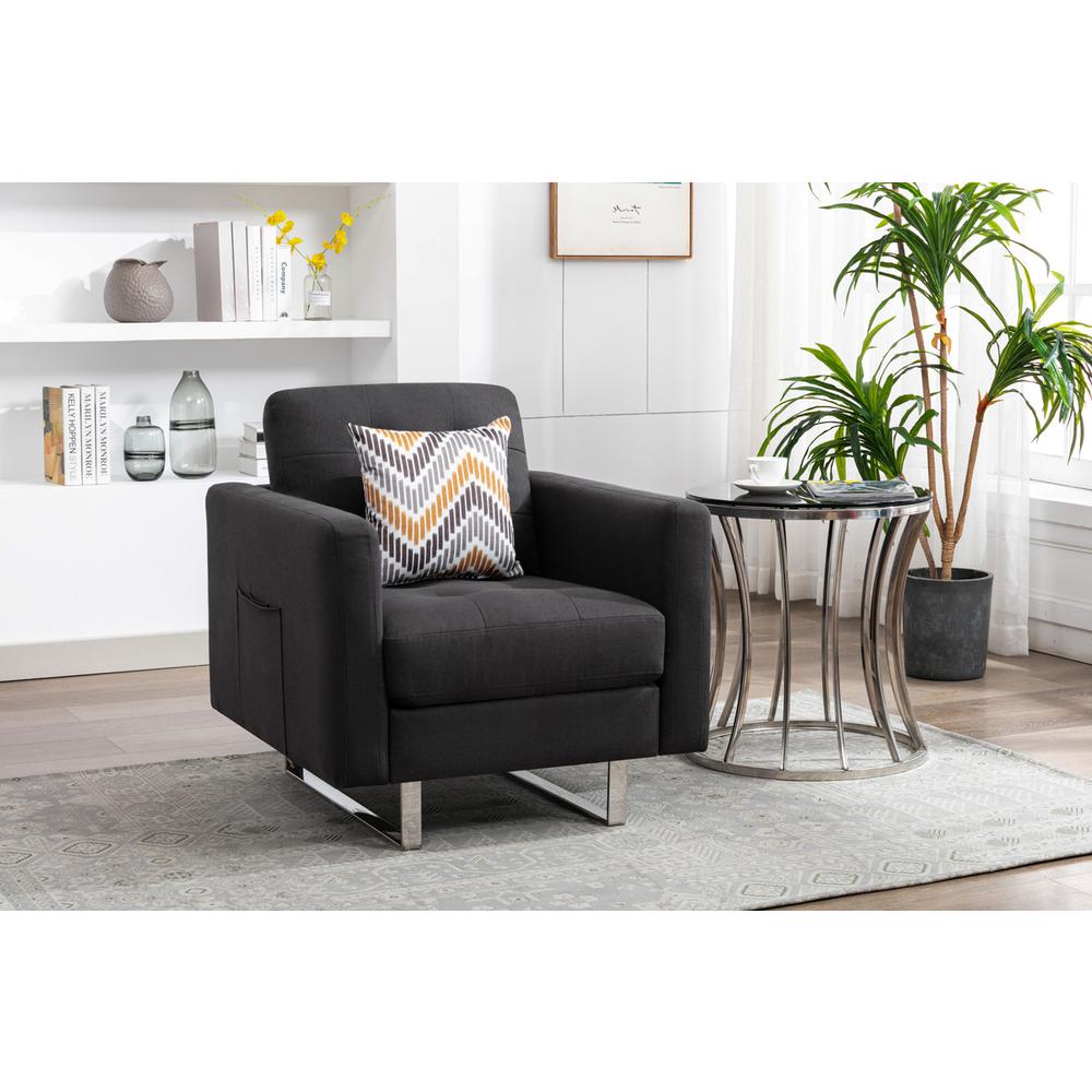 Victoria Dark Gray Linen Fabric Loveseat Chair Living Room Set with Metal Legs, Side Pockets, and Pillows. Picture 8