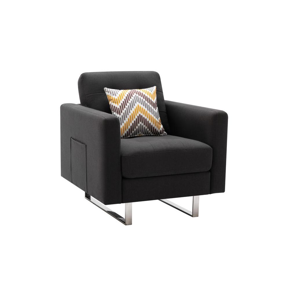 Victoria Dark Gray Linen Fabric Loveseat Chair Living Room Set with Metal Legs, Side Pockets, and Pillows. Picture 9