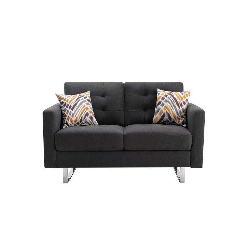 Victoria Dark Gray Linen Fabric Loveseat Chair Living Room Set with Metal Legs, Side Pockets, and Pillows. Picture 6