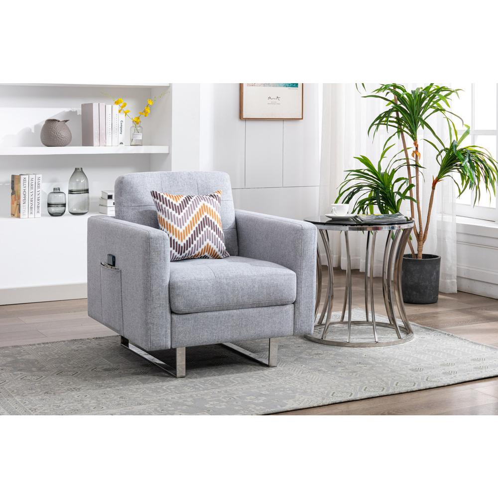 Victoria Light Gray Linen Fabric Loveseat Chair Living Room Set with Metal Legs, Side Pockets, and Pillows. Picture 8