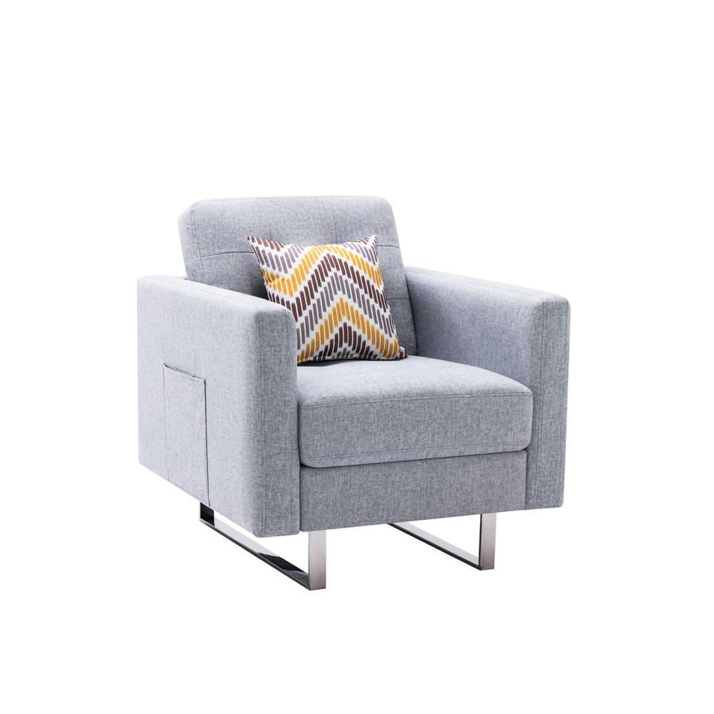 Victoria Light Gray Linen Fabric Loveseat Chair Living Room Set with Metal Legs, Side Pockets, and Pillows. Picture 9