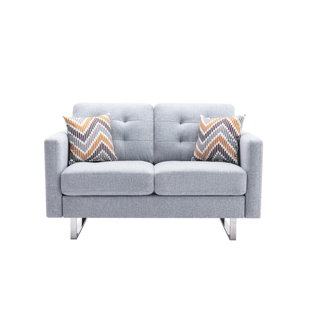 Victoria Light Gray Linen Fabric Loveseat Chair Living Room Set with Metal Legs, Side Pockets, and Pillows. Picture 6