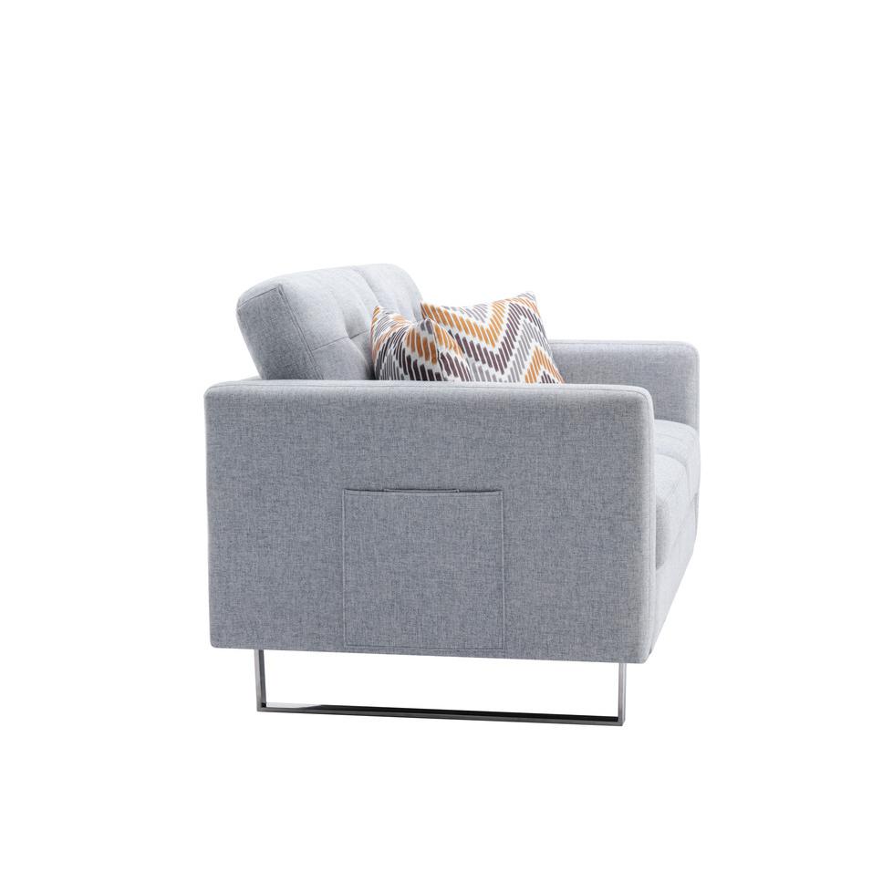 Victoria Light Gray Linen Fabric Loveseat Chair Living Room Set with Metal Legs, Side Pockets, and Pillows. Picture 7
