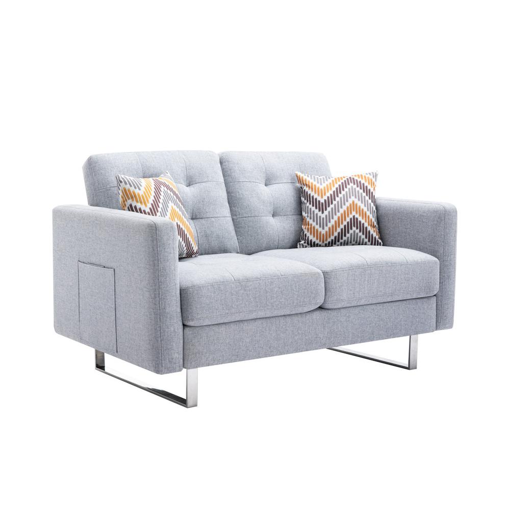 Victoria Light Gray Linen Fabric Loveseat Chair Living Room Set with Metal Legs, Side Pockets, and Pillows. Picture 5