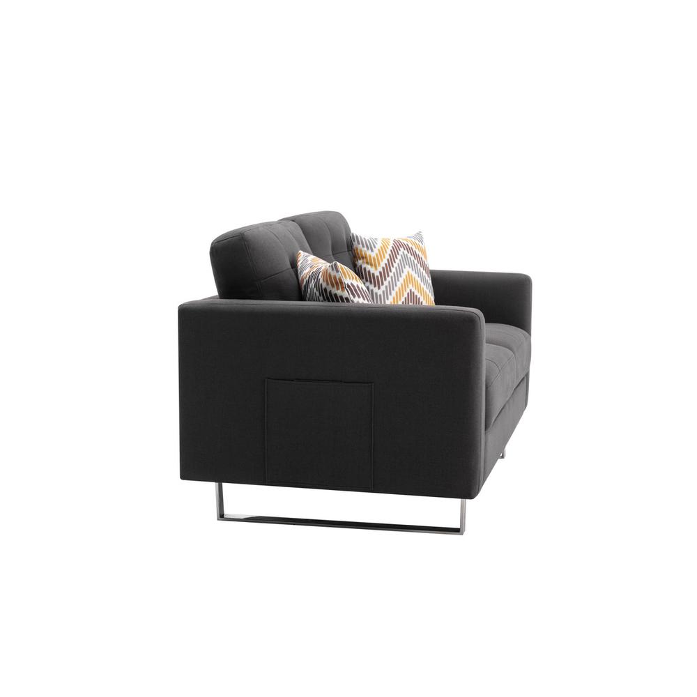 Victoria Dark Gray Linen Fabric Loveseat Chair Living Room Set with Metal Legs, Side Pockets, and Pillows. Picture 7