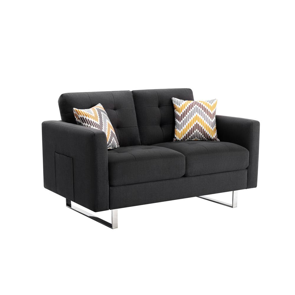 Victoria Dark Gray Linen Fabric Loveseat Chair Living Room Set with Metal Legs, Side Pockets, and Pillows. Picture 5