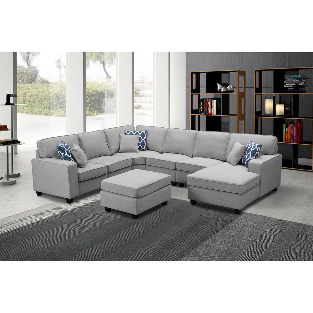 LILOLA Willowleaf 7Pc Modular Sectional Chaise and Ottoman in Light Gray Linen. Picture 3