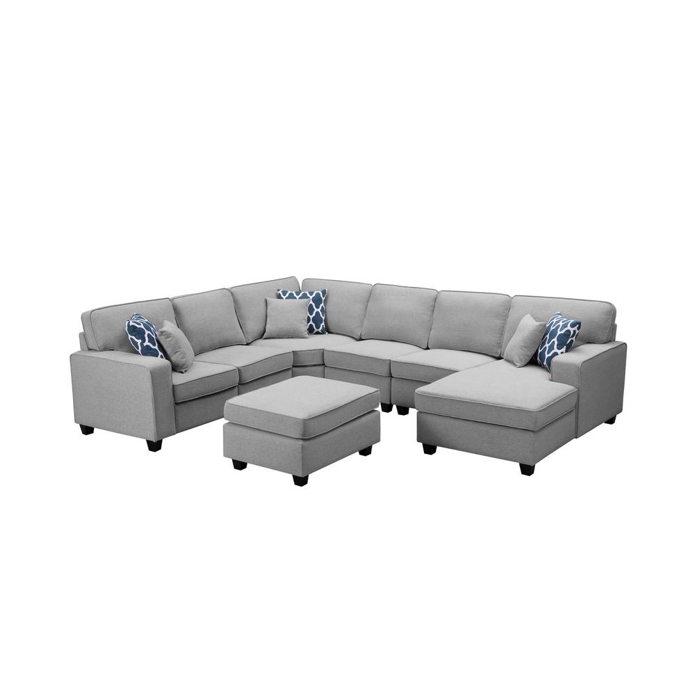 LILOLA Willowleaf 7Pc Modular Sectional Chaise and Ottoman in Light Gray Linen. Picture 1