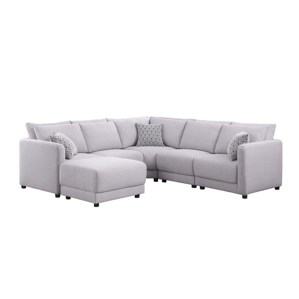 Penelope Light Gray Linen Fabric Reversible L-Shape Sectional Sofa with Ottoman and Pillows. Picture 2
