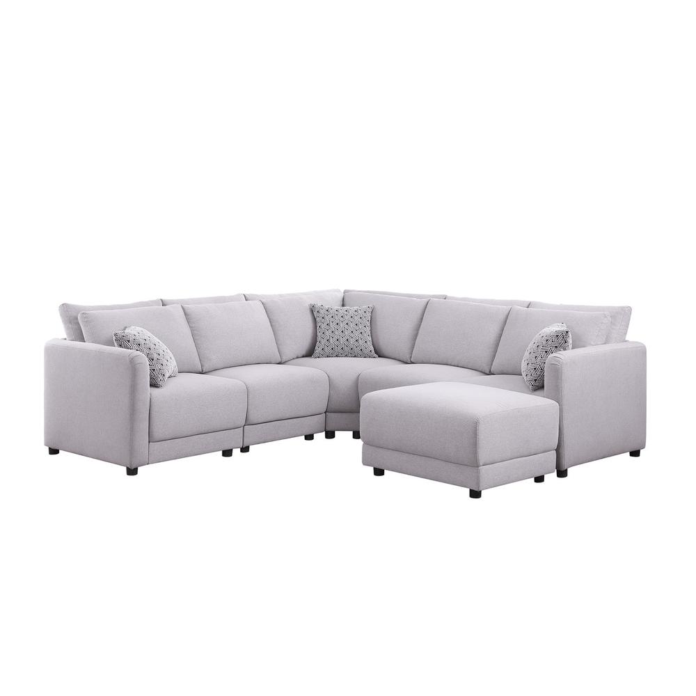 Penelope Light Gray Linen Fabric Reversible L-Shape Sectional Sofa with Ottoman and Pillows. Picture 1