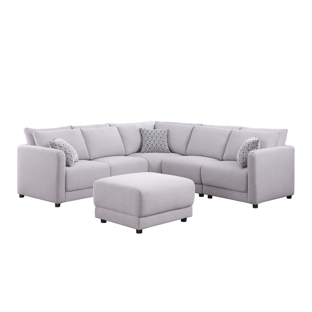 Penelope Light Gray Linen Fabric Reversible L-Shape Sectional Sofa with Ottoman and Pillows. Picture 3