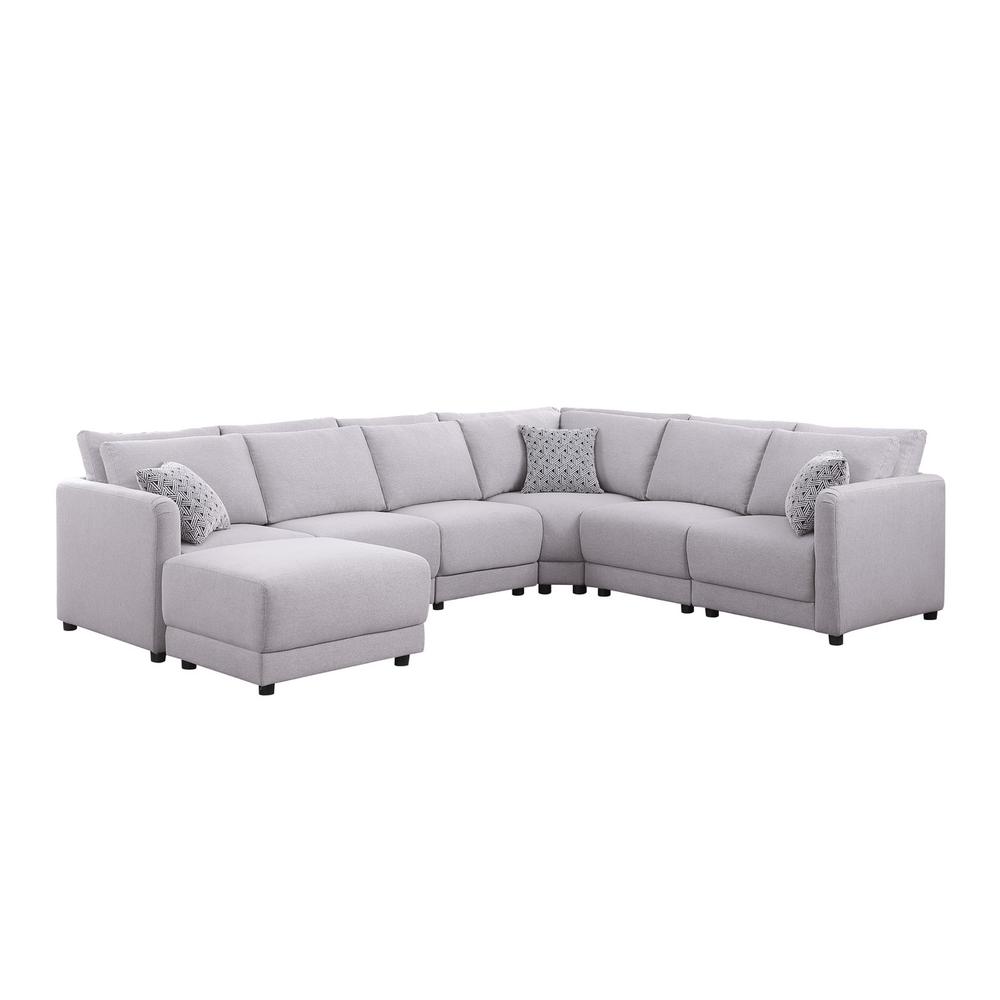 Penelope Light Gray Linen Fabric Reversible 7 PC Modular Sectional Sofa with Ottoman and Pillows. Picture 3