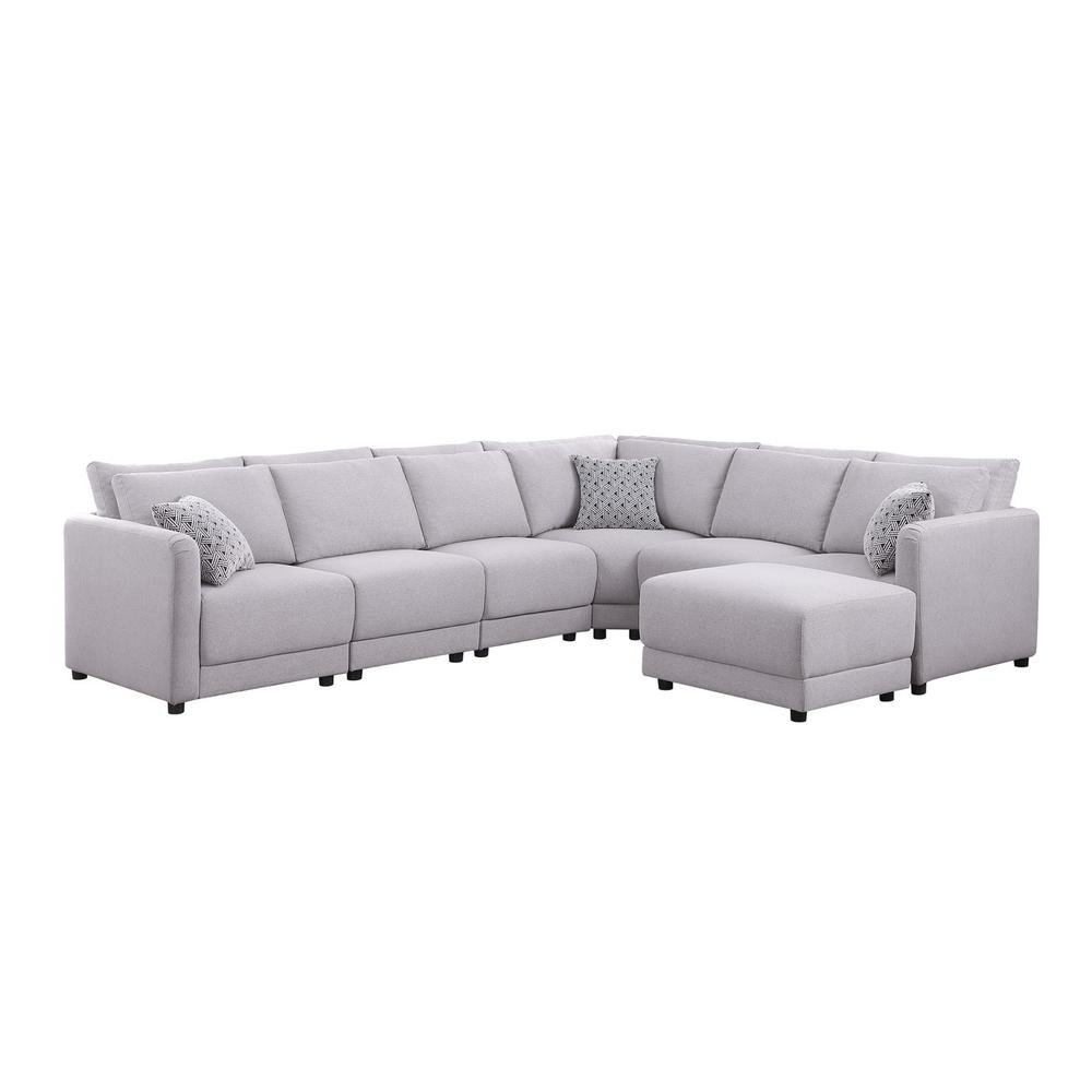 Penelope Light Gray Linen Fabric Reversible 7 PC Modular Sectional Sofa with Ottoman and Pillows. Picture 1