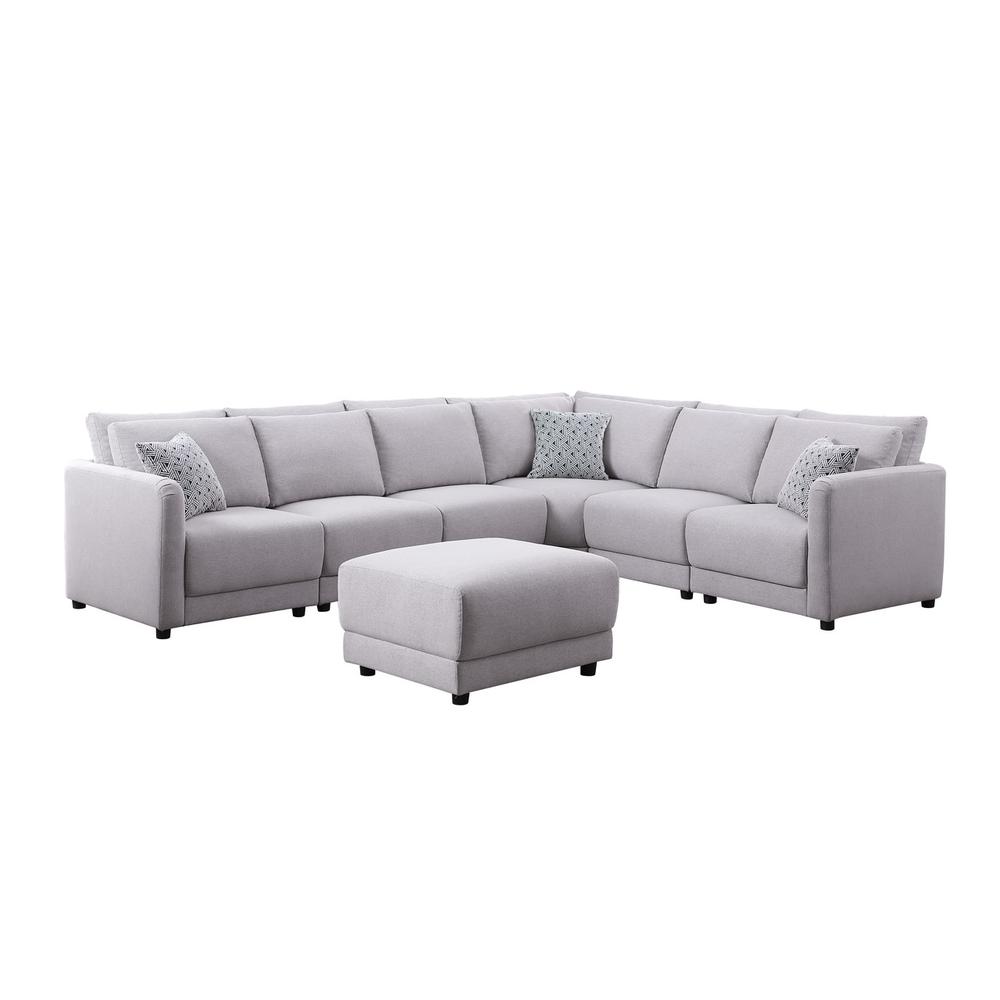 Penelope Light Gray Linen Fabric Reversible 7 PC Modular Sectional Sofa with Ottoman and Pillows. Picture 2