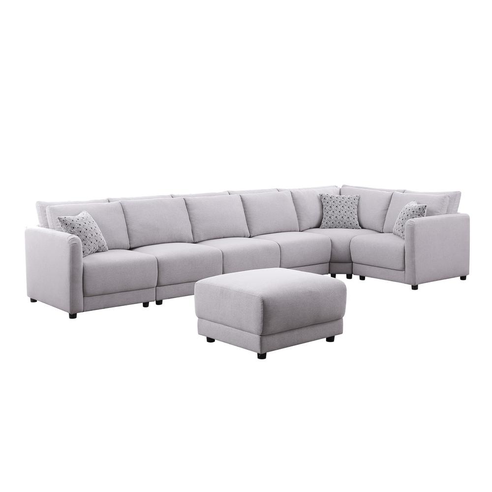 Penelope Light Gray Linen Fabric Reversible 7 PC Modular Sectional Sofa with Ottoman and Pillows. Picture 4