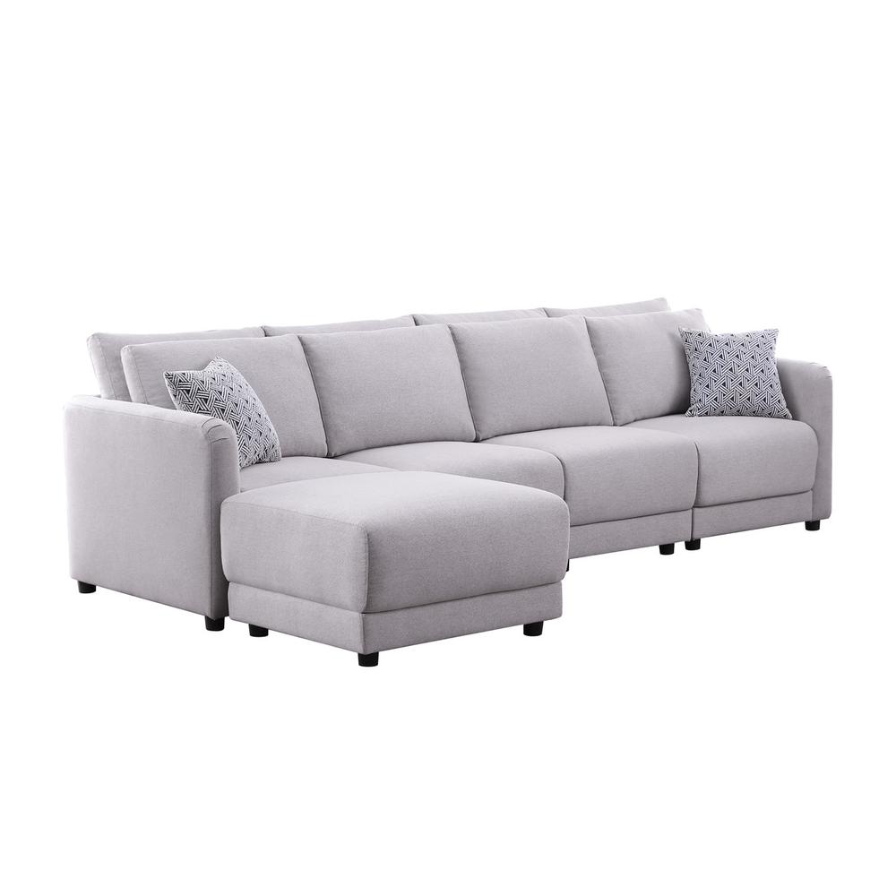Penelope Light Gray Linen Fabric 4-Seater Sofa with Ottoman and Pillows. Picture 2
