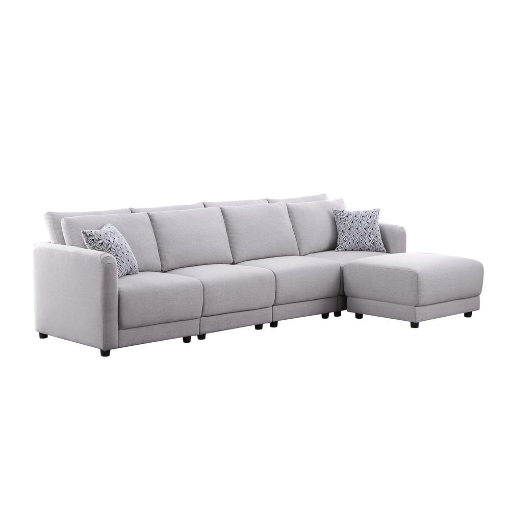 Penelope Light Gray Linen Fabric 4-Seater Sofa with Ottoman and Pillows. Picture 1