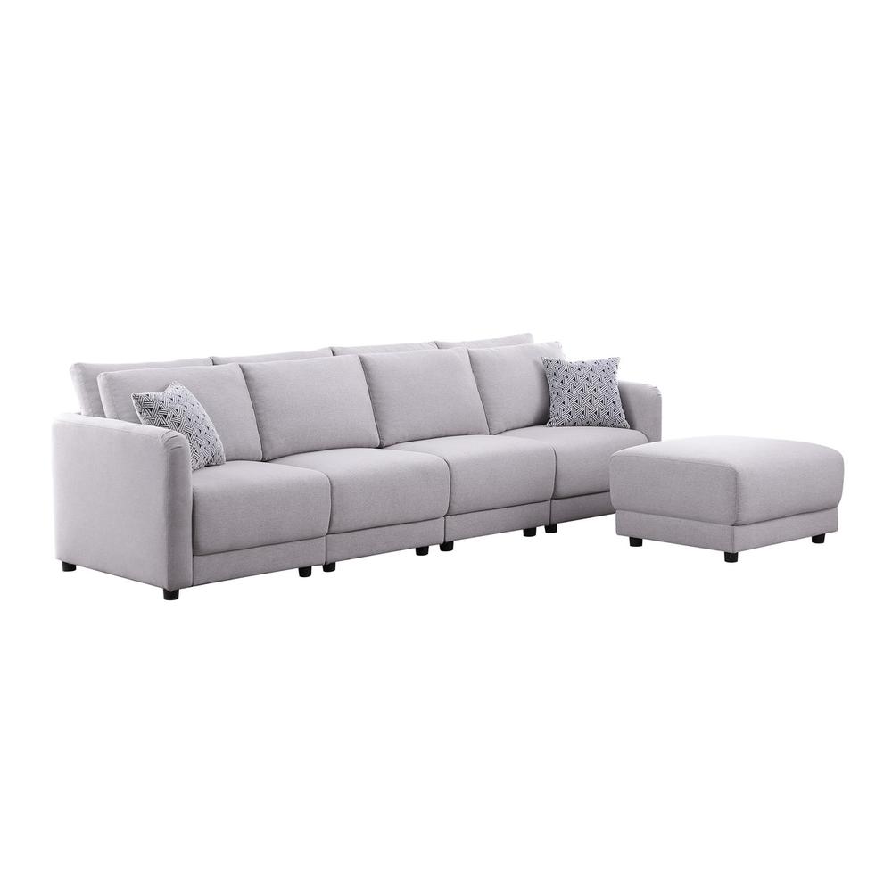 Penelope Light Gray Linen Fabric 4-Seater Sofa with Ottoman and Pillows. Picture 3