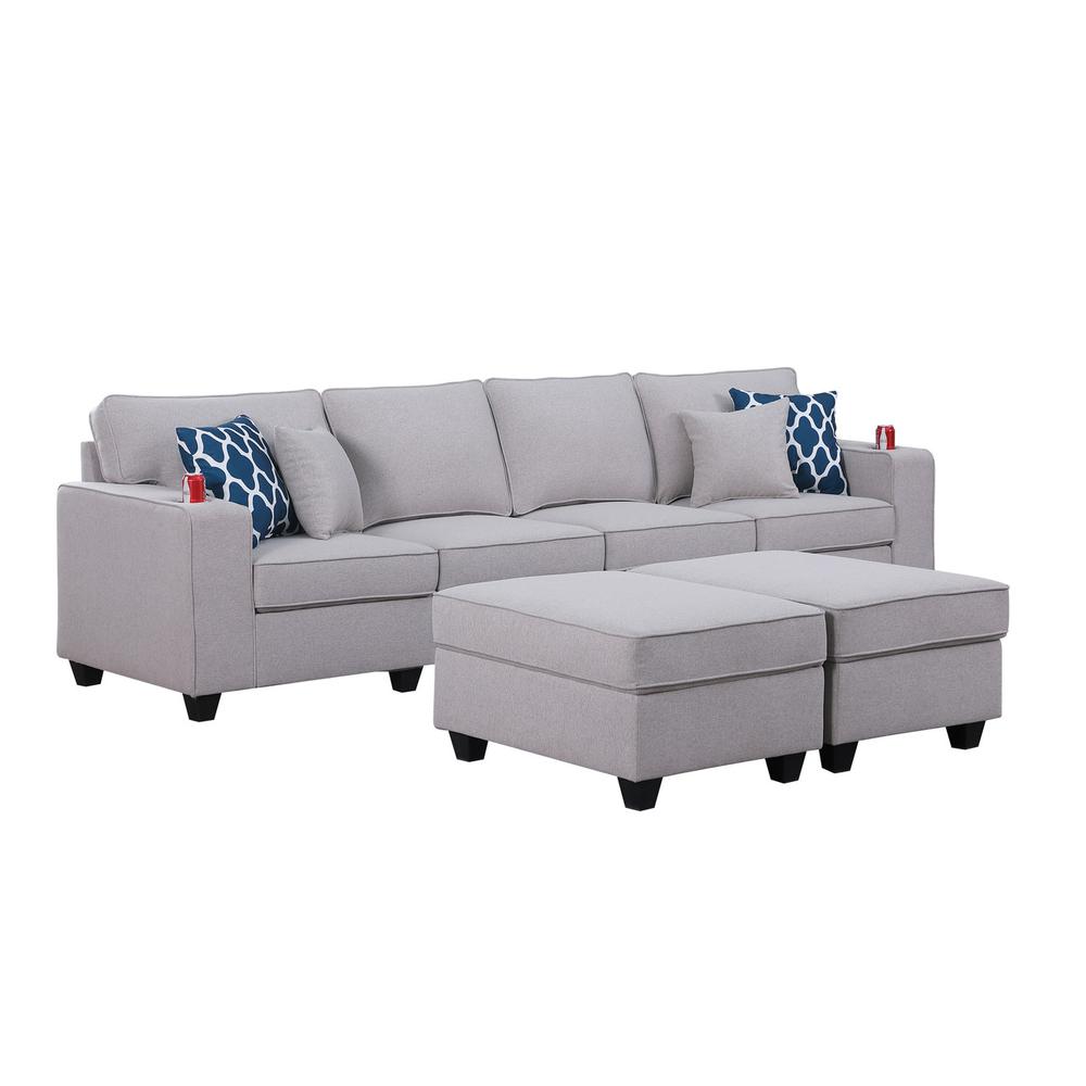 Cooper Light Gray Linen 4-Seater Sofa with 2 Ottomans and Cupholder. Picture 2