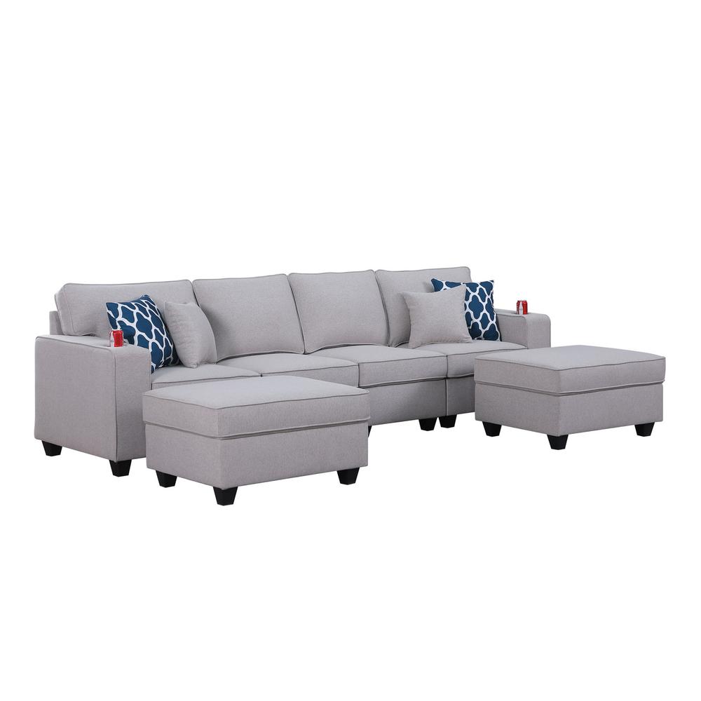 Cooper Light Gray Linen 4-Seater Sofa with 2 Ottomans and Cupholder. The main picture.