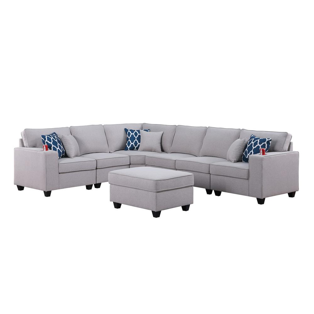 Cooper Light Gray Linen 7 Pc Reversible L-Shape Sectional Sofa with Ottoman and Cupholder. Picture 2