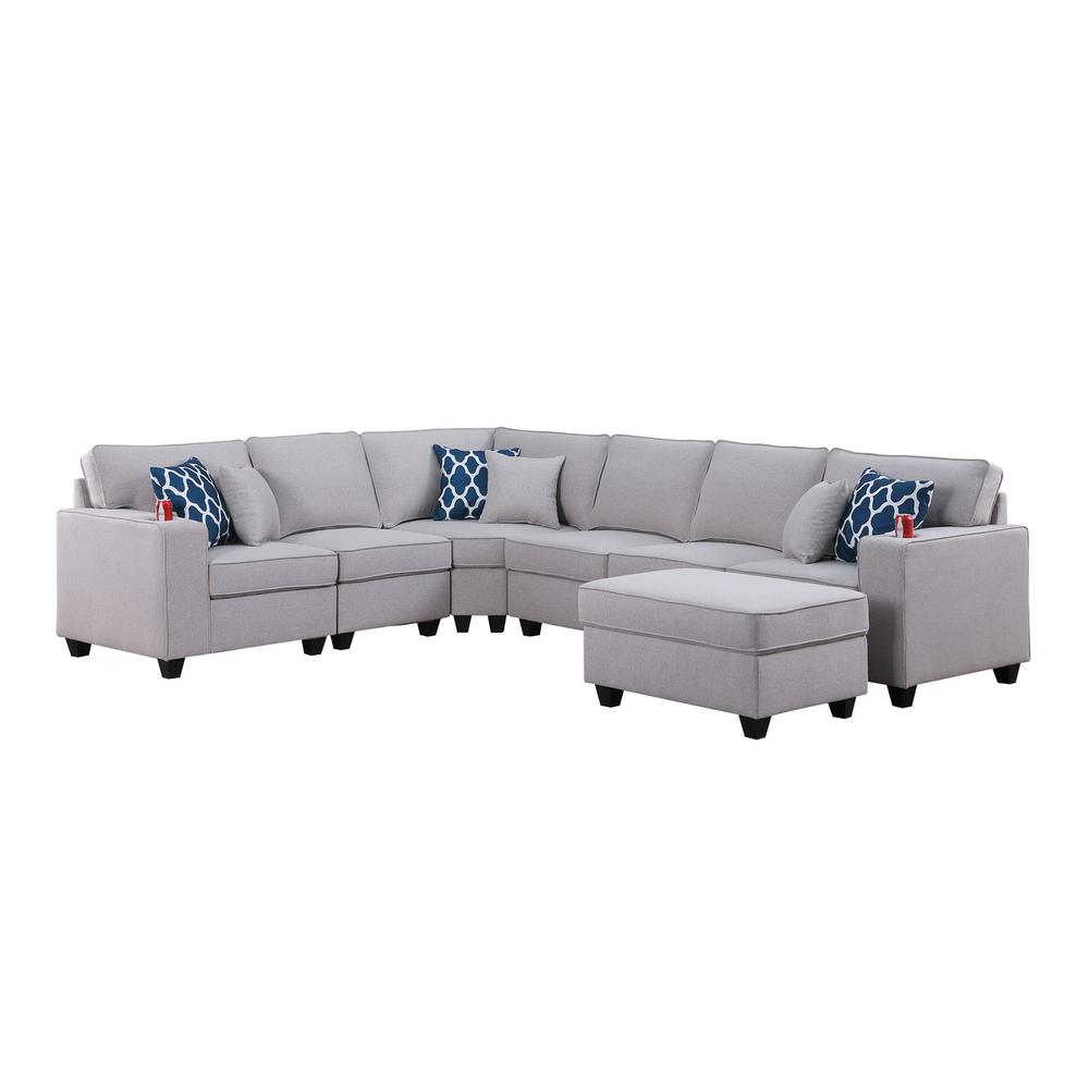 Cooper Light Gray Linen 7 Pc Reversible L-Shape Sectional Sofa with Ottoman and Cupholder. Picture 1