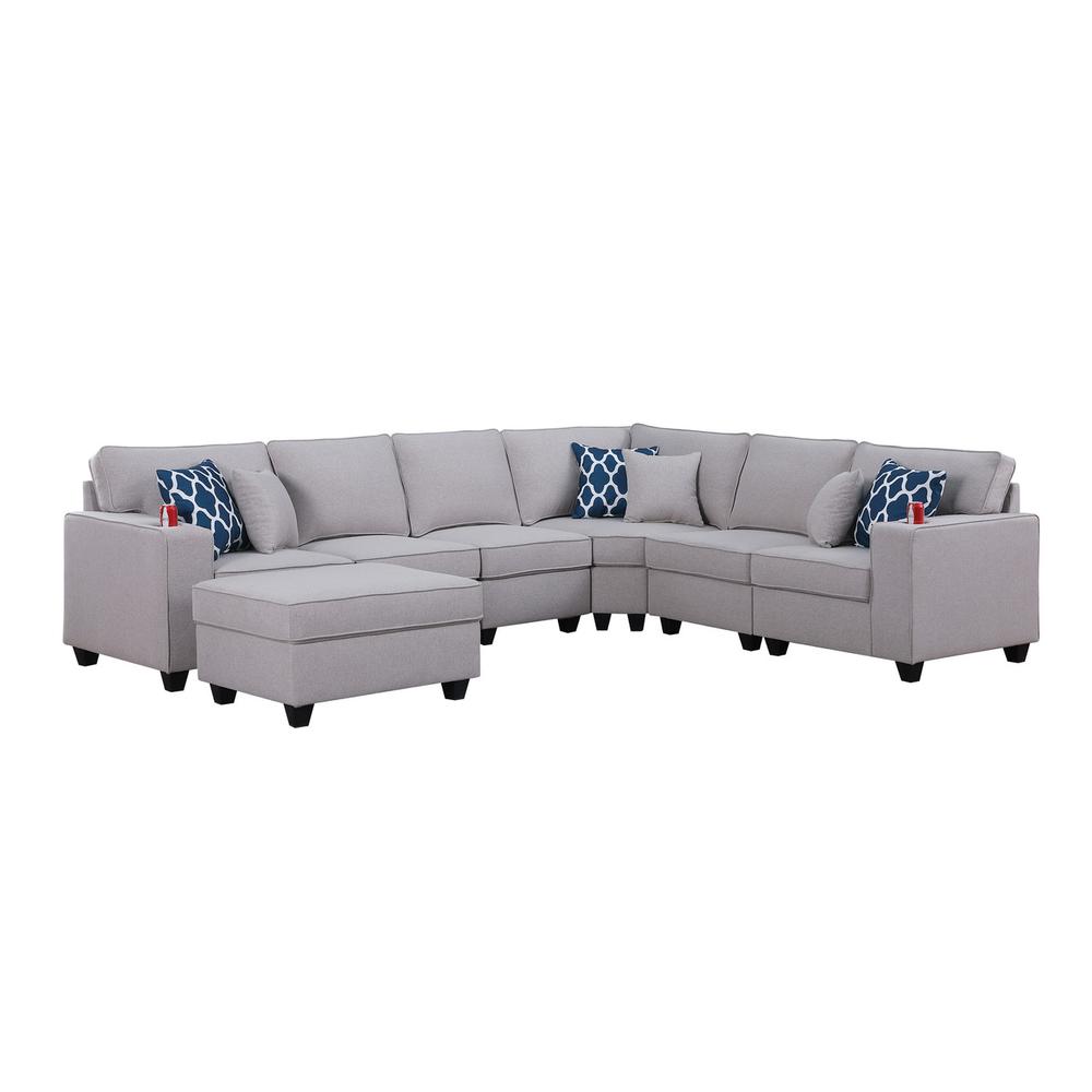 Cooper Light Gray Linen 7 Pc Reversible L-Shape Sectional Sofa with Ottoman and Cupholder. Picture 4