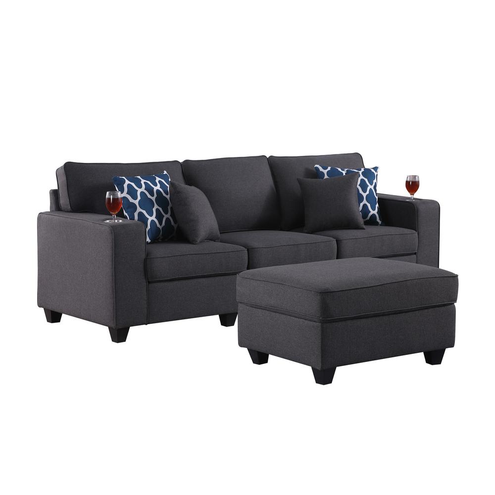 Cooper Dark Gray Linen Sofa with Ottoman and Cupholder. Picture 2