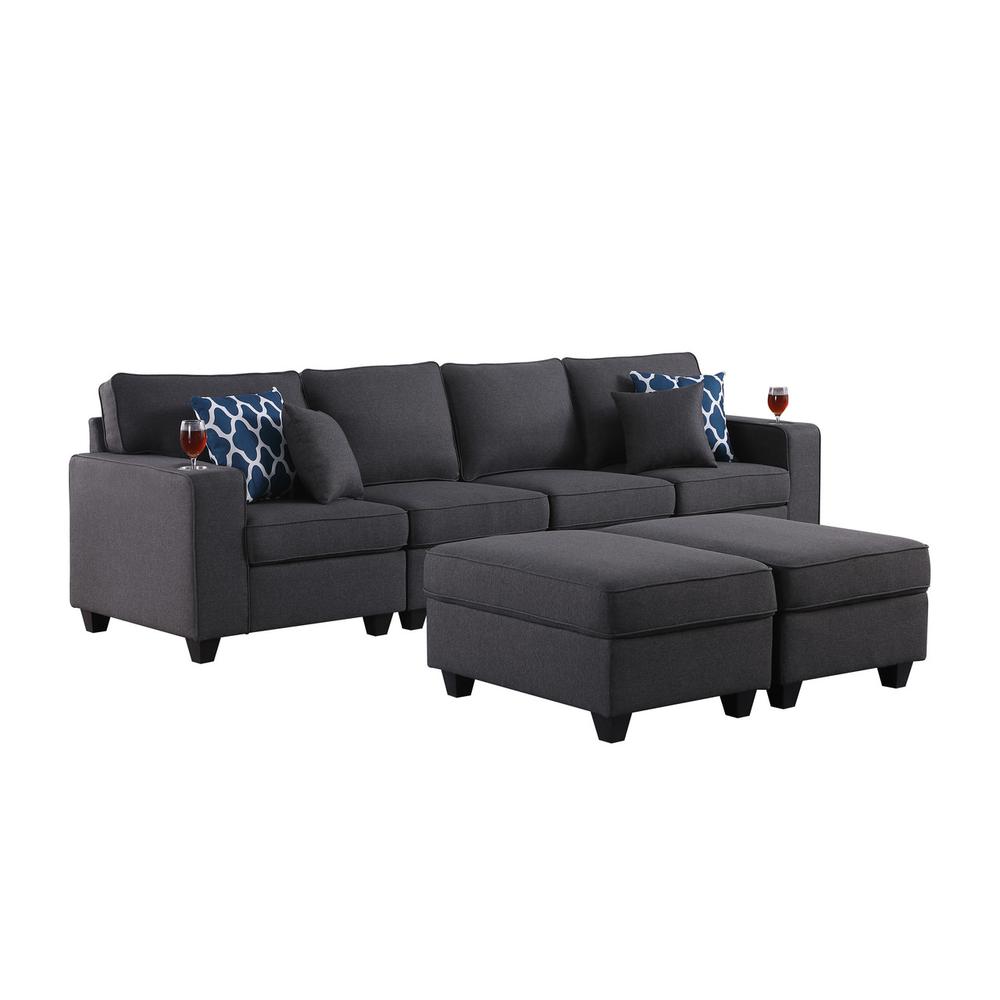 Cooper Dark Gray Linen 4-Seater Sofa with 2 Ottomans and Cupholder. Picture 2