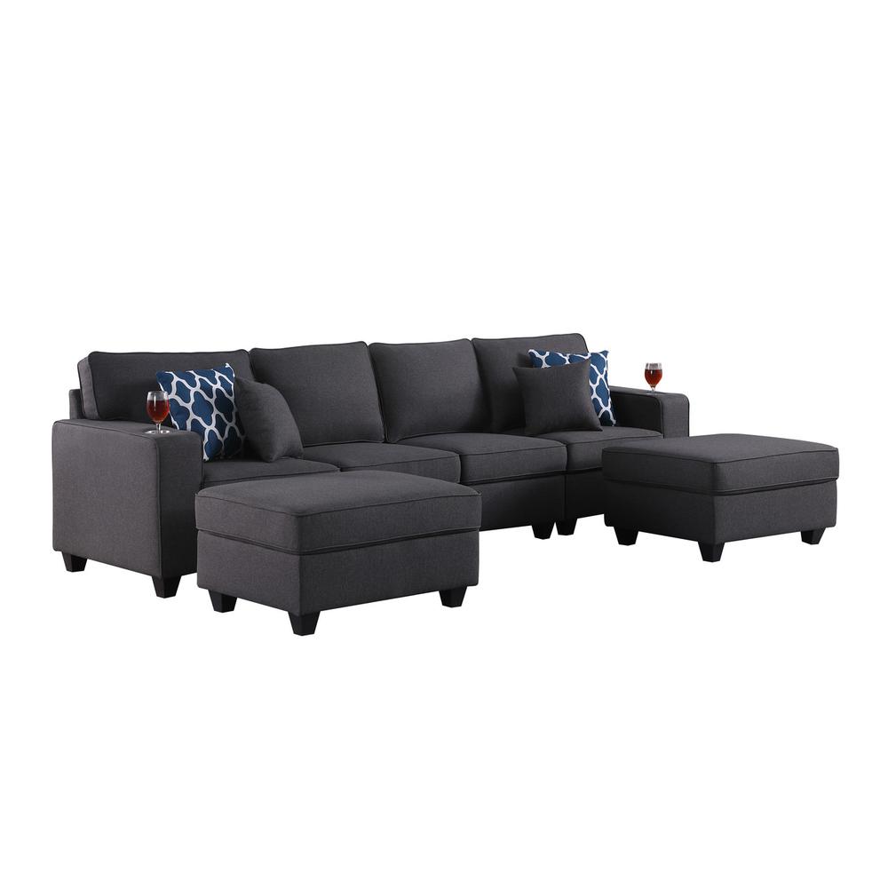 Cooper Dark Gray Linen 4-Seater Sofa with 2 Ottomans and Cupholder. Picture 1