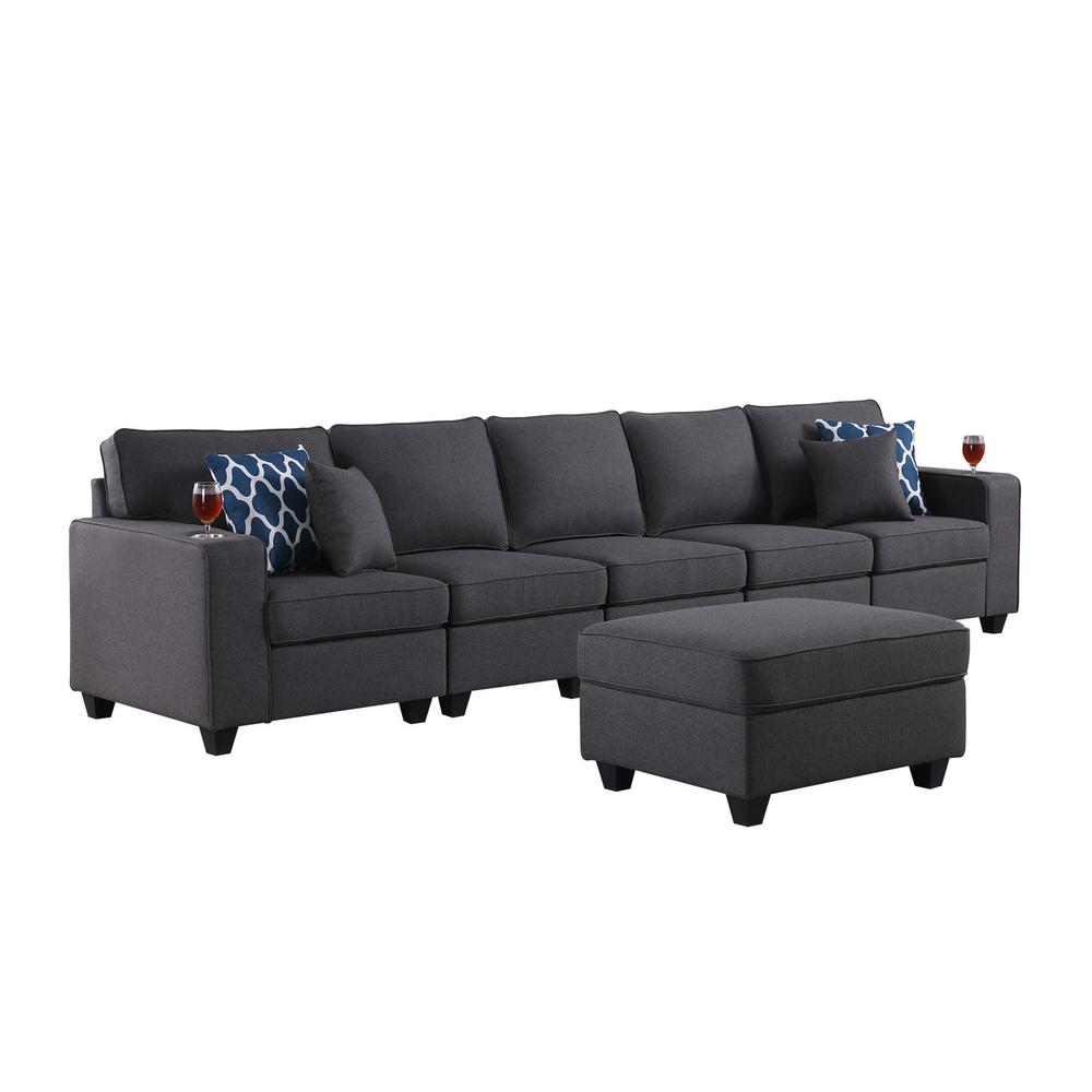 Cooper Dark Gray Linen 5-Seater Sofa with Ottoman and Cupholder. Picture 2