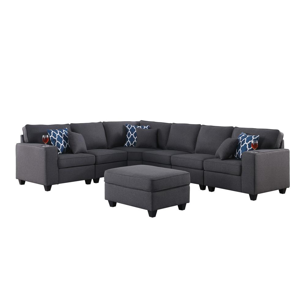 Cooper Dark Gray Linen 7 Pc Reversible L-Shape Sectional Sofa with Ottoman and Cupholder. Picture 2