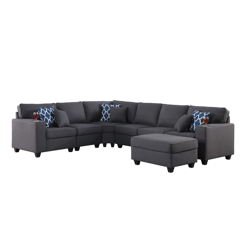 Cooper Dark Gray Linen 7 Pc Reversible L-Shape Sectional Sofa with Ottoman and Cupholder. Picture 1