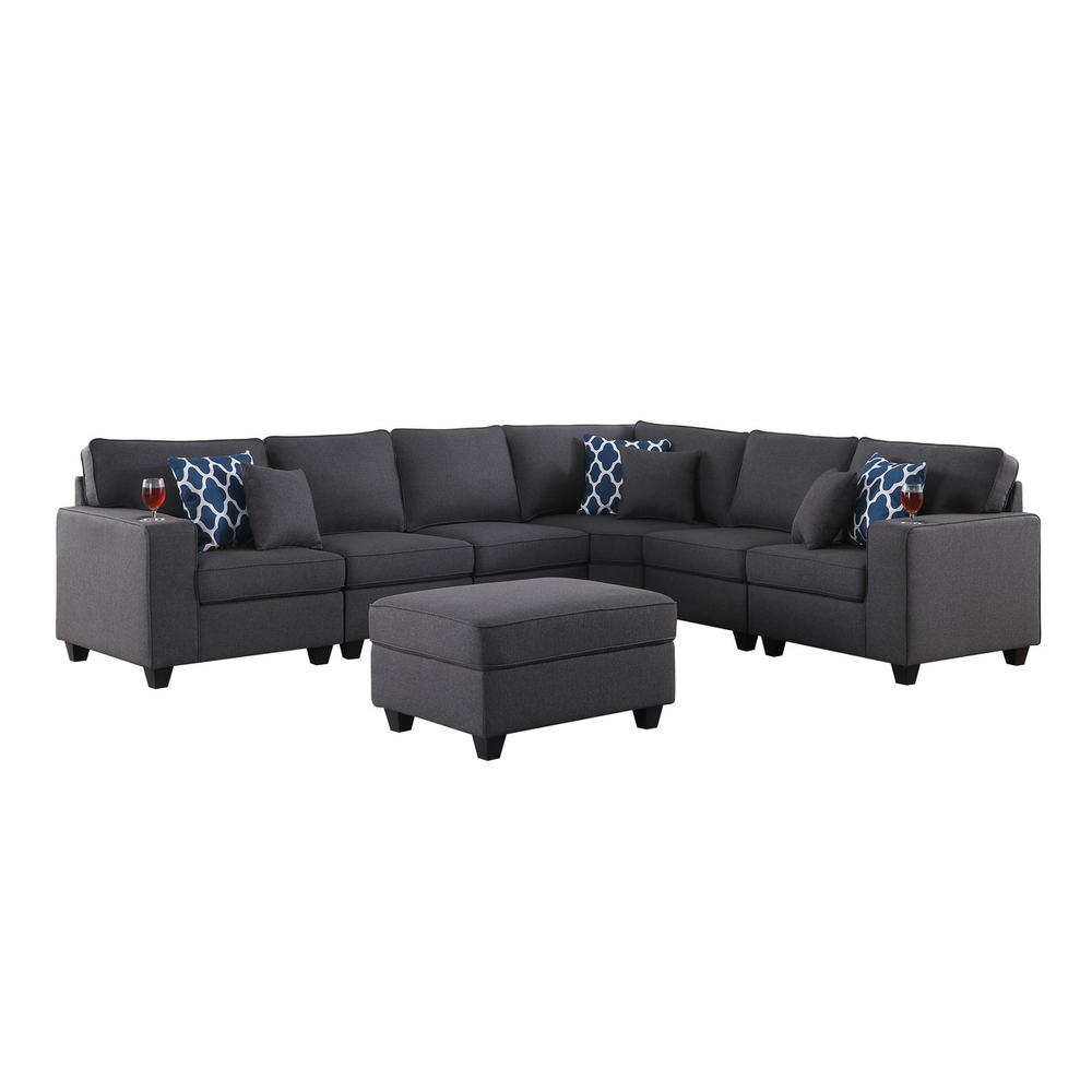 Cooper Dark Gray Linen 7 Pc Reversible L-Shape Sectional Sofa with Ottoman and Cupholder. Picture 3