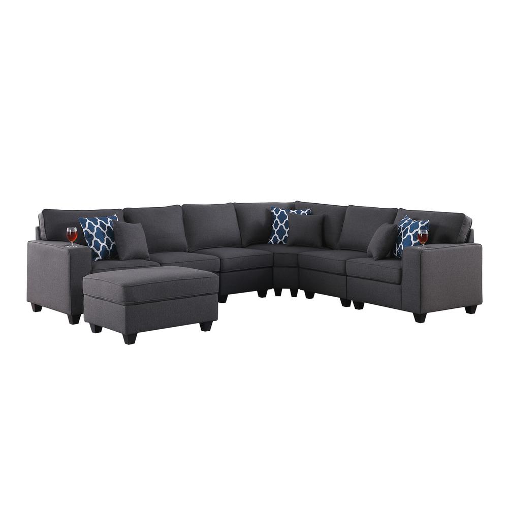 Cooper Dark Gray Linen 7 Pc Reversible L-Shape Sectional Sofa with Ottoman and Cupholder. Picture 4