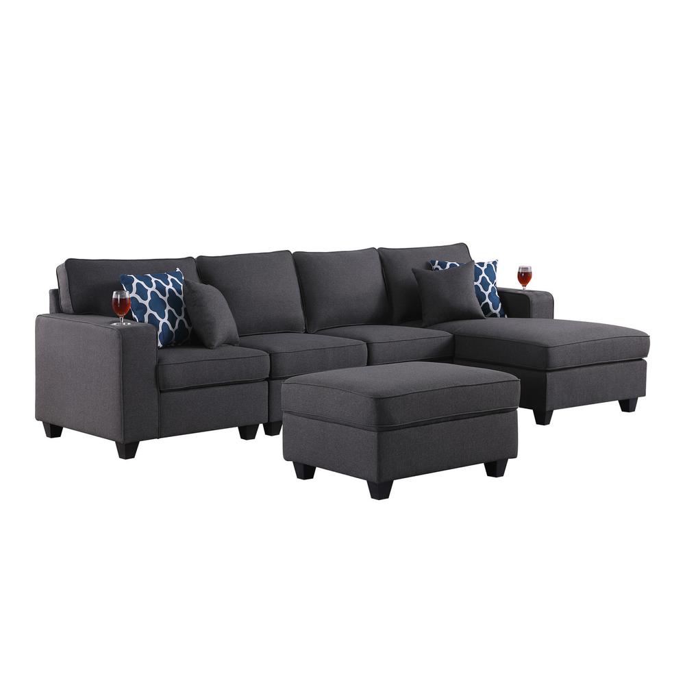 Cooper Dark Gray Linen 5Pc Sectional Sofa Chaise with Ottoman and Cupholder. Picture 2