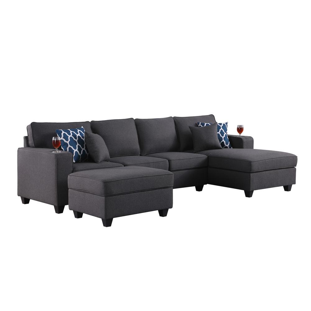 Cooper Dark Gray Linen 5Pc Sectional Sofa Chaise with Ottoman and Cupholder. The main picture.