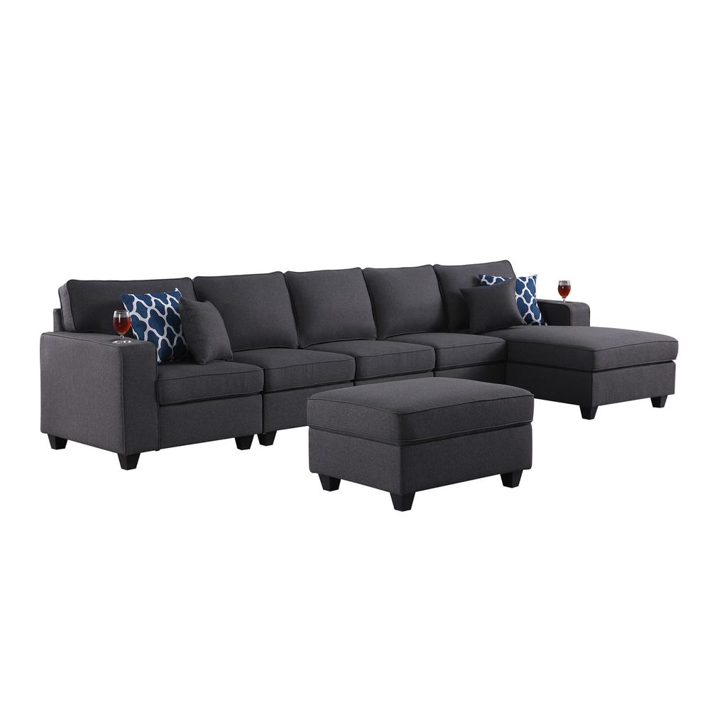 Cooper Dark Gray Linen 6Pc Sectional Sofa Chaise with Ottoman and Cupholder. Picture 2