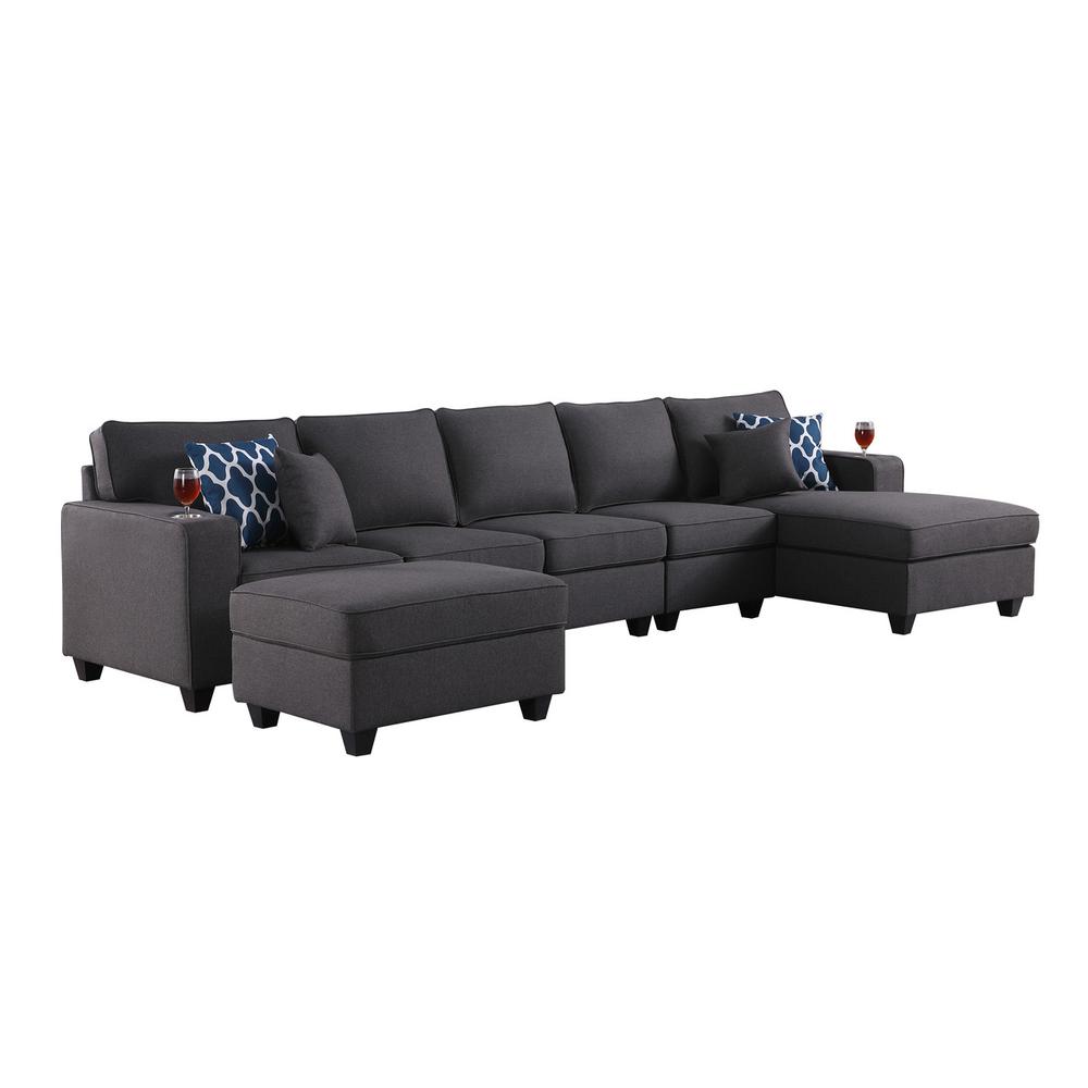 Cooper Dark Gray Linen 6Pc Sectional Sofa Chaise with Ottoman and Cupholder. The main picture.