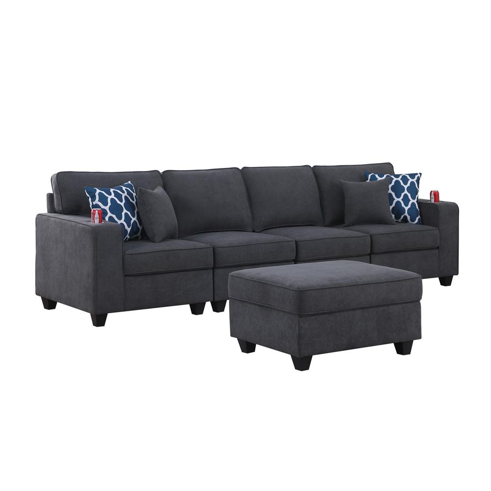 Cooper Stone Gray Woven Fabric 4-Seater Sofa with Ottoman and Cupholder. Picture 2