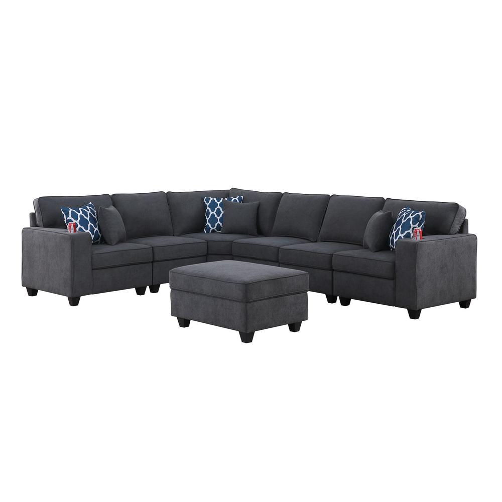 Cooper Stone Gray Woven Fabric 7 Pc Reversible L-Shape Sectional Sofa with Ottoman & Cupholder. Picture 2