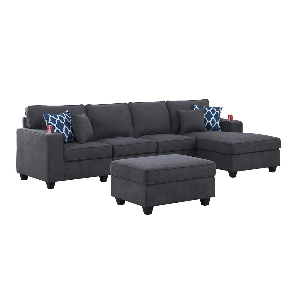 Cooper Stone Gray Woven Fabric 5Pc Sectional Sofa Chaise with Ottoman and Cupholder. Picture 2