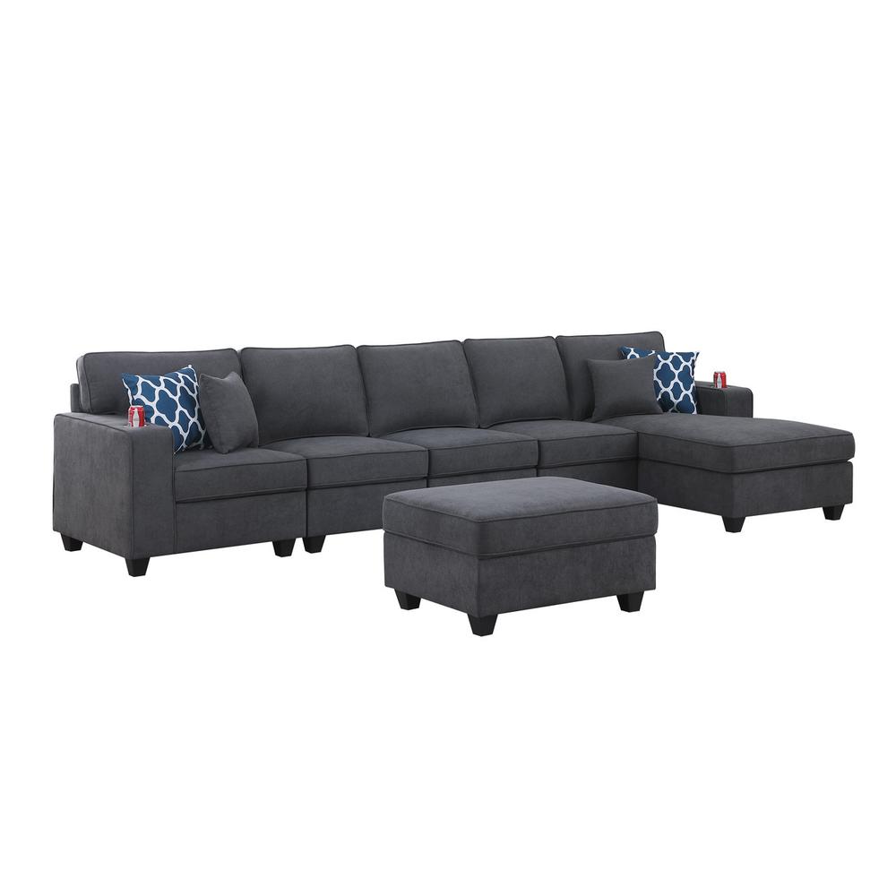 Cooper Stone Gray Woven Fabric 6Pc Sectional Sofa Chaise with Ottoman and Cupholder. Picture 2