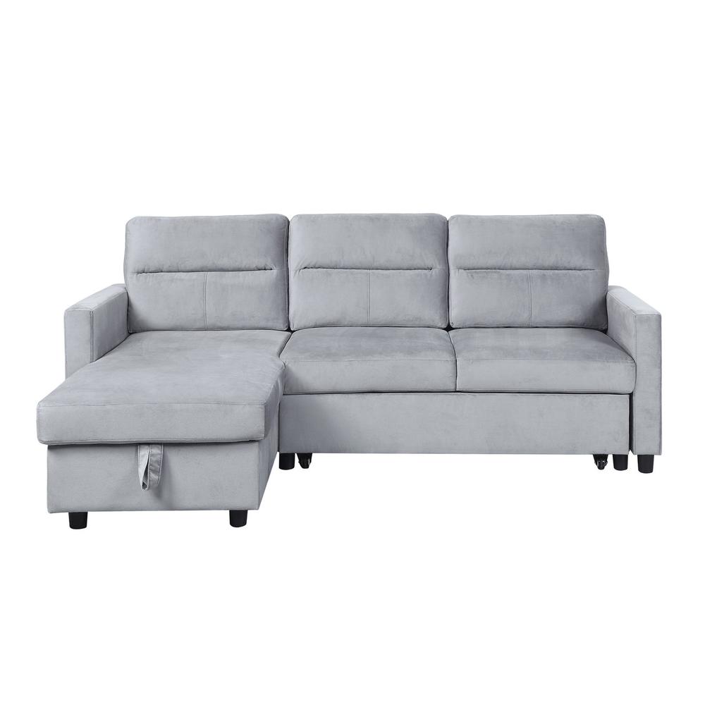 Ivy Light Gray Velvet Reversible Sleeper Sectional Sofa with Storage Chaise and Side Pocket. Picture 3