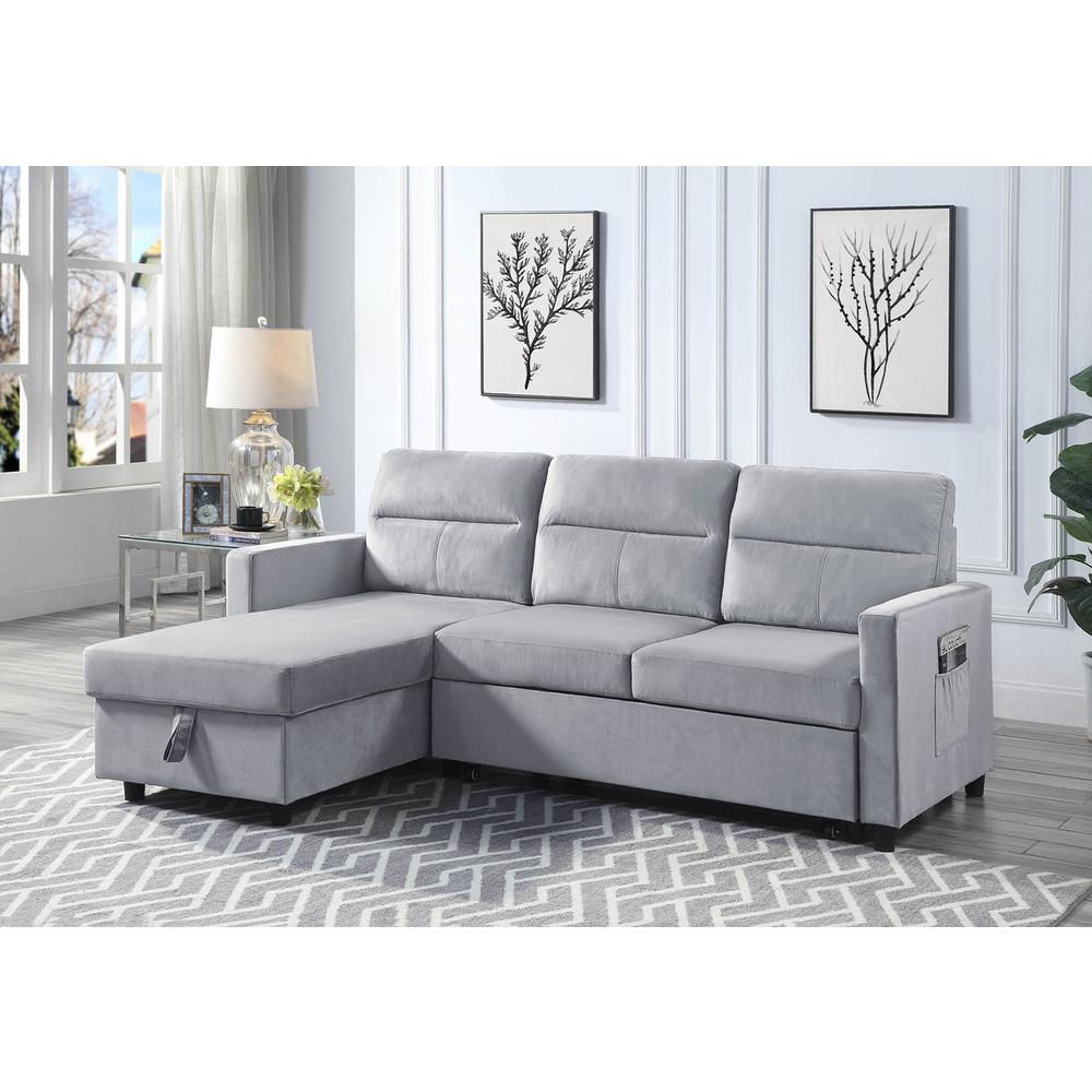 Ivy Light Gray Velvet Reversible Sleeper Sectional Sofa with Storage Chaise and Side Pocket. Picture 4