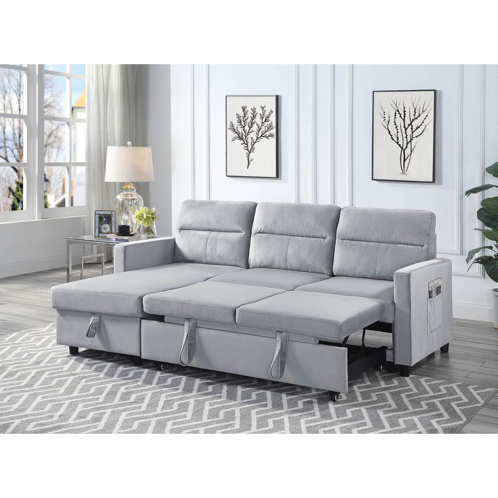 Ivy Light Gray Velvet Reversible Sleeper Sectional Sofa with Storage Chaise and Side Pocket. Picture 2