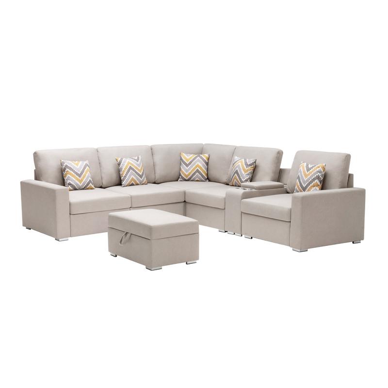 Nolan Beige Linen Fabric 7Pc Reversible Sectional Sofa with Interchangeable Legs, Pillows, Storage Ottoman, and a USB, Charging Ports, Cupholders, Storage Console Table. Picture 7