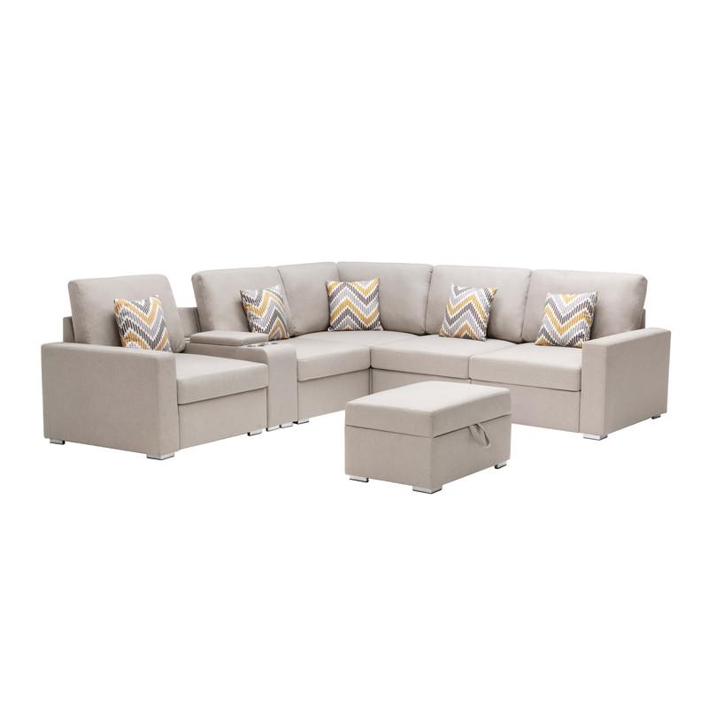Nolan Beige Linen Fabric 7Pc Reversible Sectional Sofa with Interchangeable Legs, Pillows, Storage Ottoman, and a USB, Charging Ports, Cupholders, Storage Console Table. Picture 1
